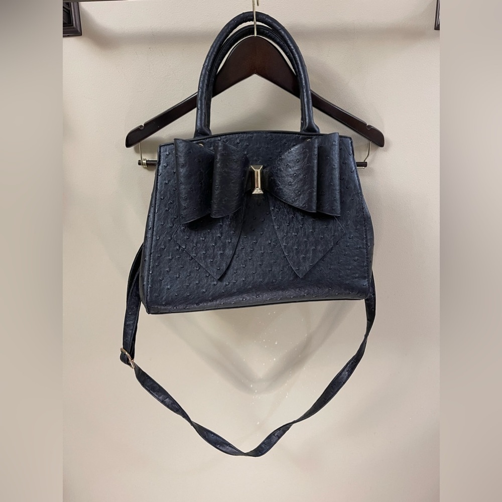 Crossi Black Faux Ostrich Black Handbag with Bow Shoulder Strap Crossbody